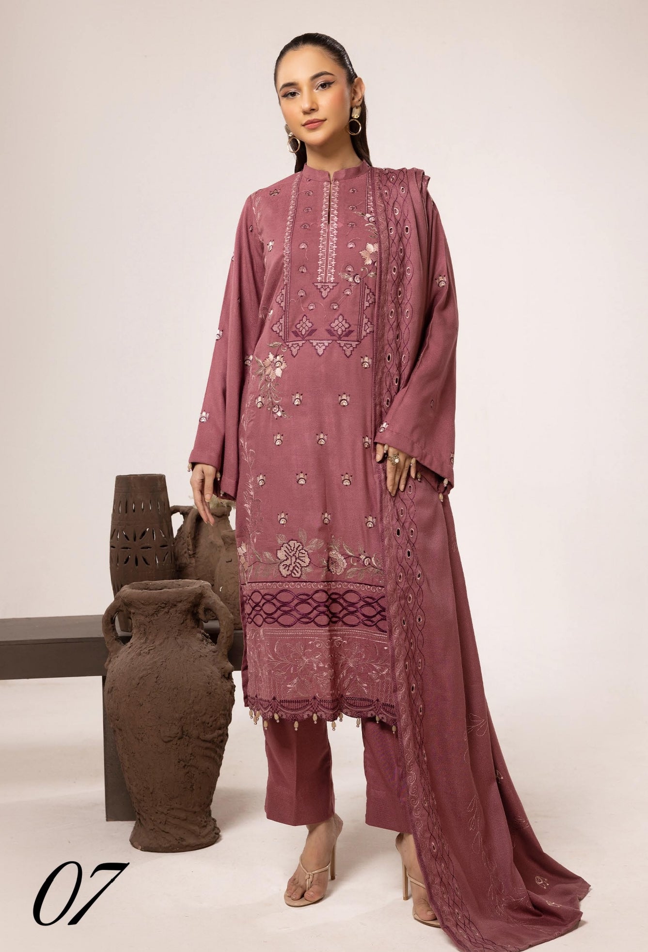 Embroidered Peach Leather With Wool Shawl - Yousaf Cloth House