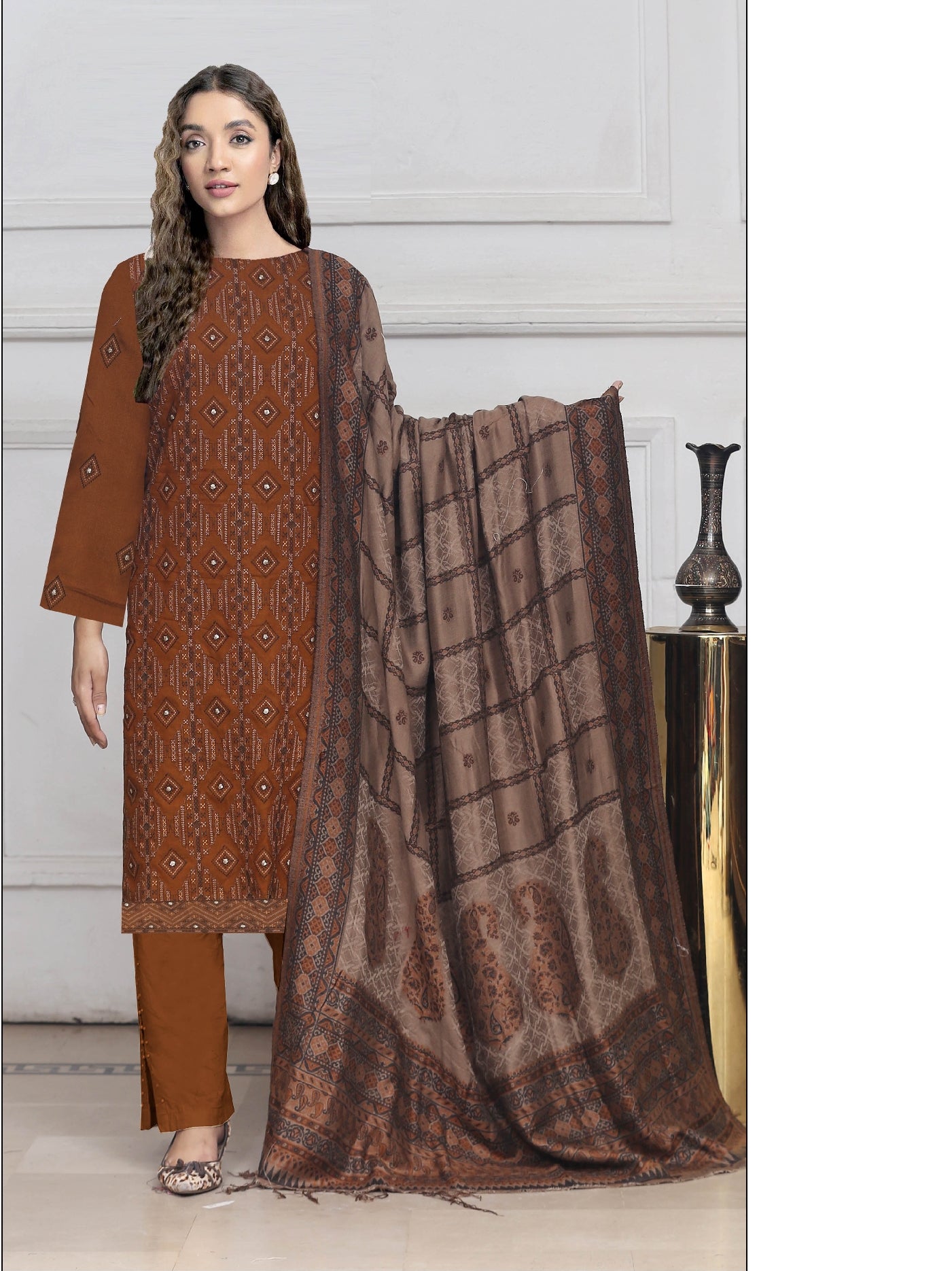 Embroidered Peach Leather With Swati Wool Shawl - Yousaf Cloth House