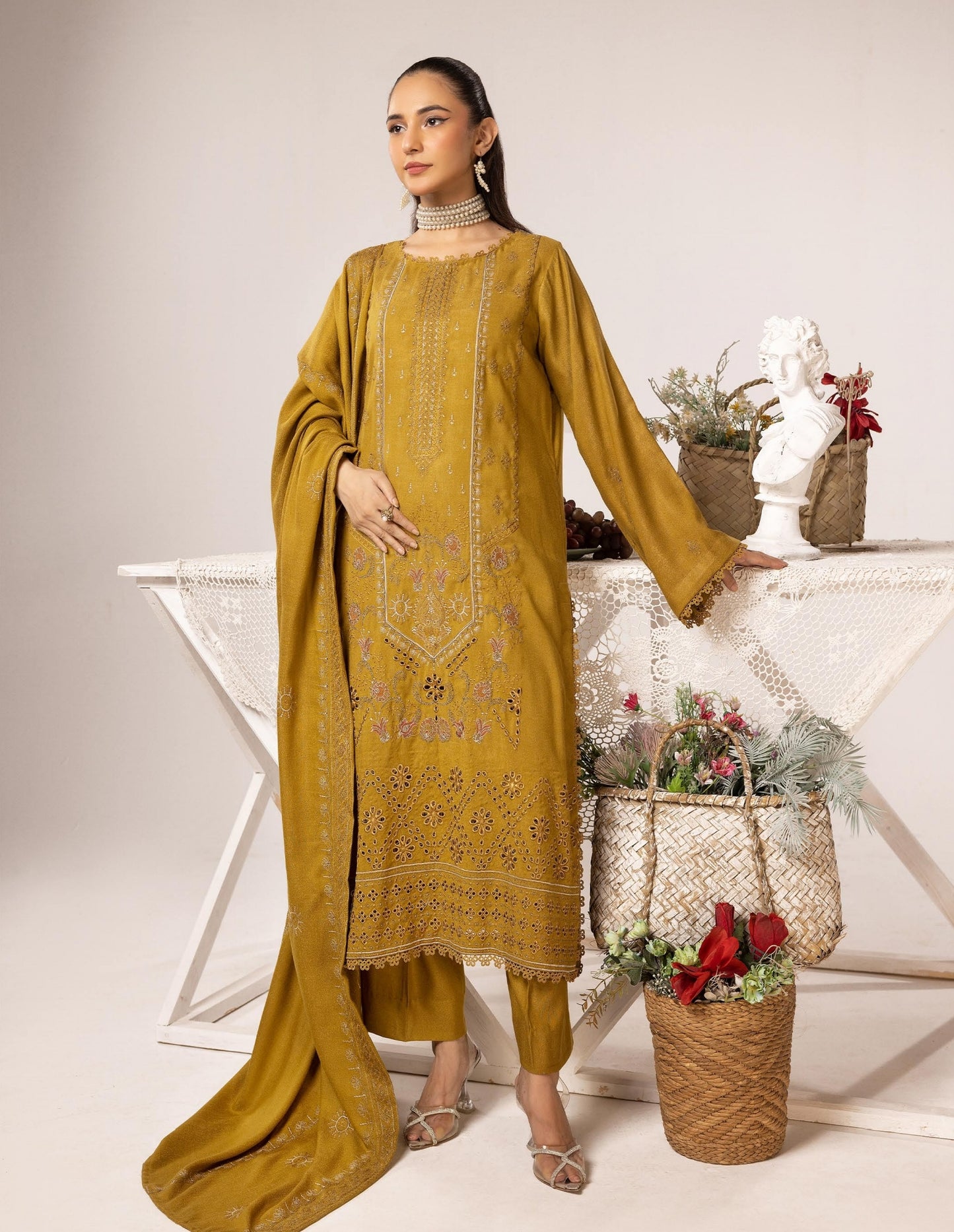 Embroidered Peach Leather With Wool Shawl - Yousaf Cloth House