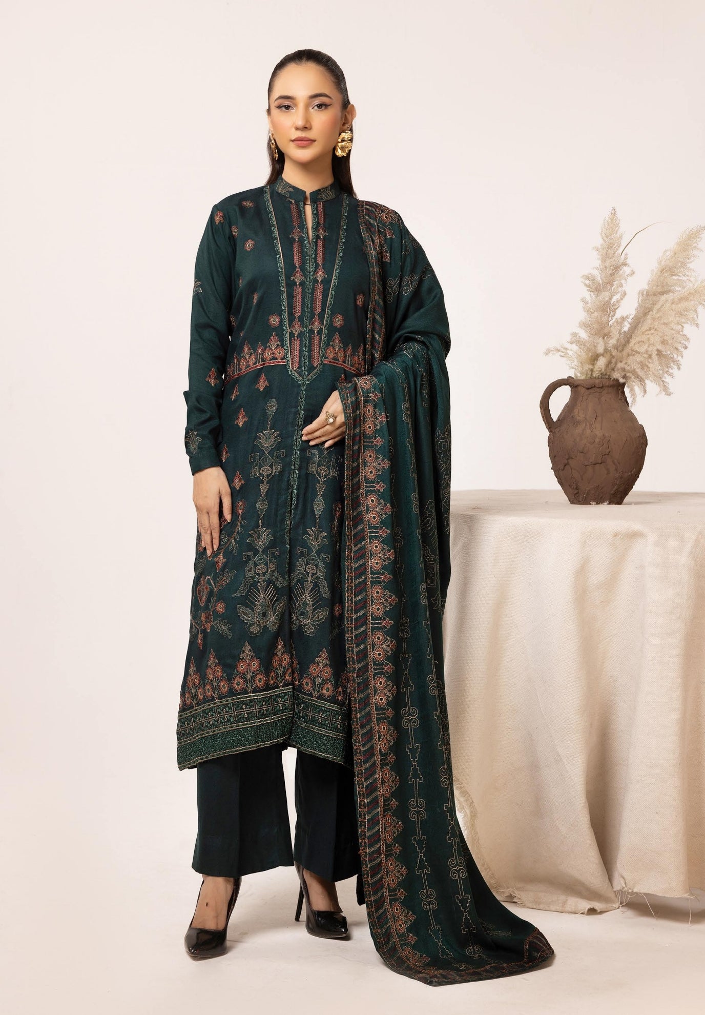 Embroidered Peach Leather With Wool Shawl - Yousaf Cloth House