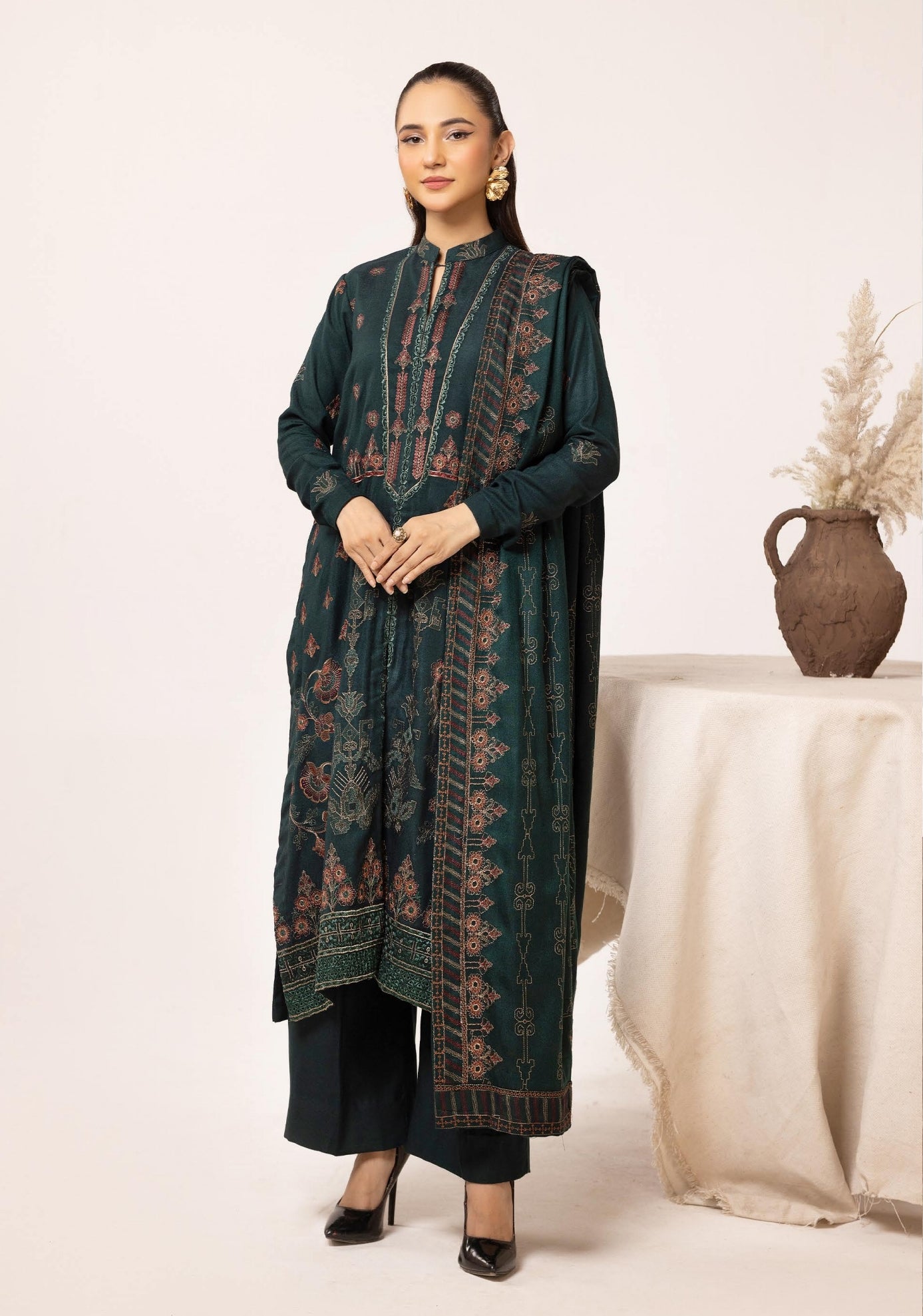 Embroidered Peach Leather With Wool Shawl - Yousaf Cloth House