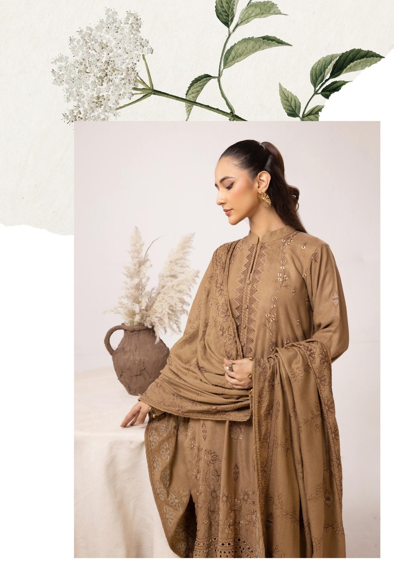 Embroidered Peach Leather With Wool Shawl - Yousaf Cloth House