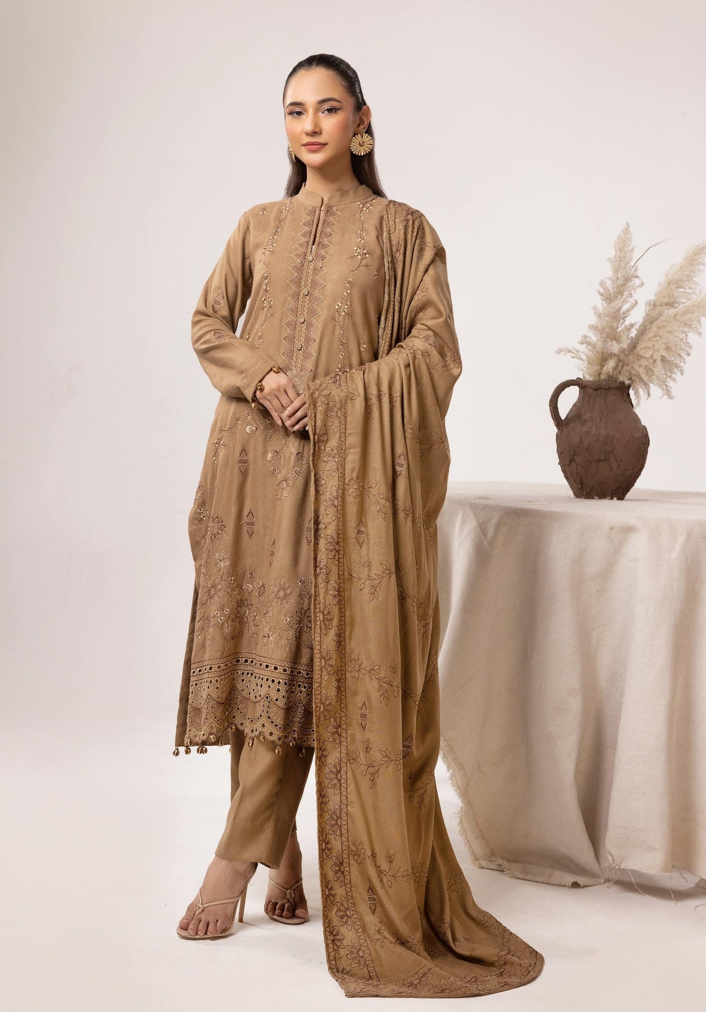 Embroidered Peach Leather With Wool Shawl - Yousaf Cloth House