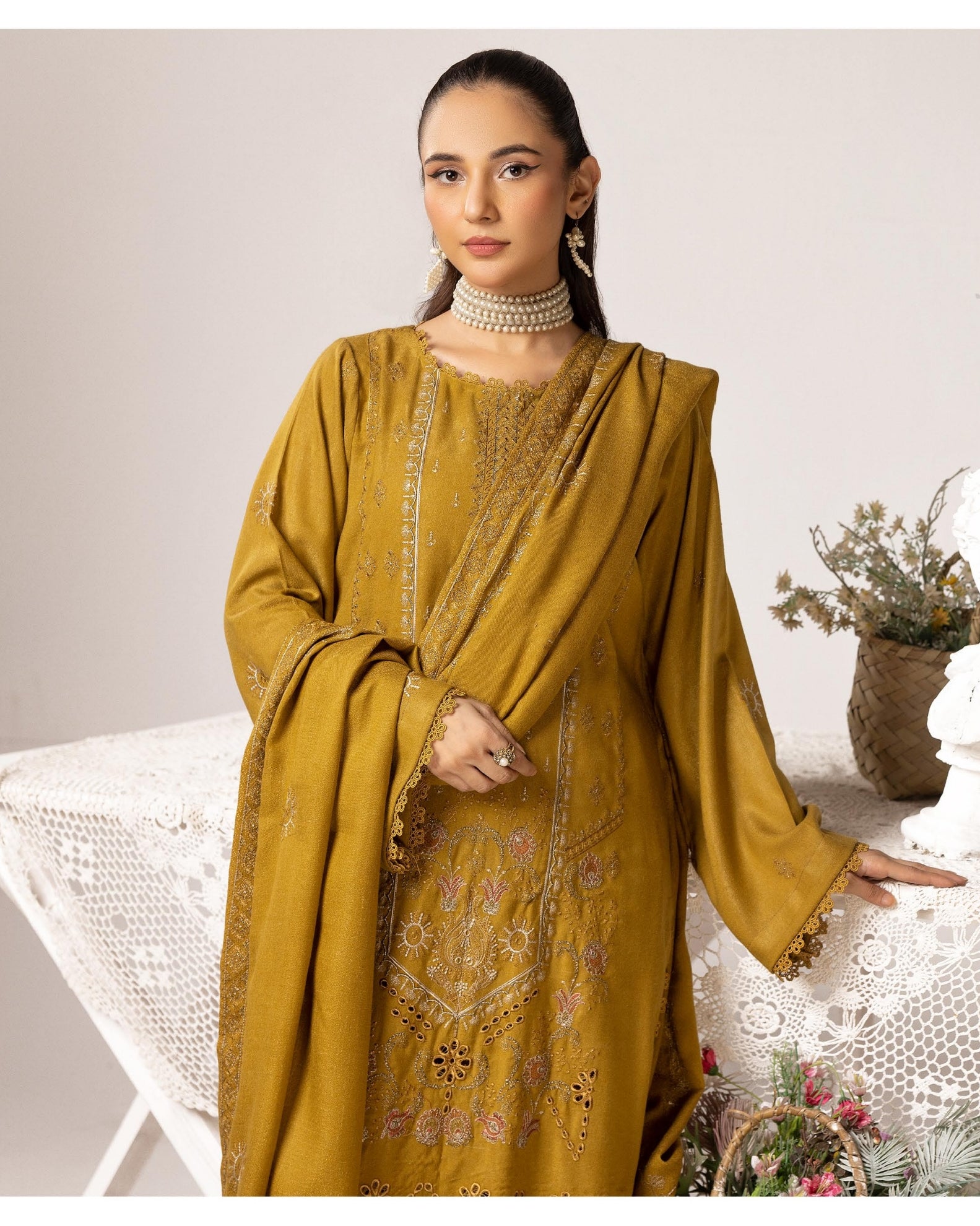 Embroidered Peach Leather With Wool Shawl - Yousaf Cloth House