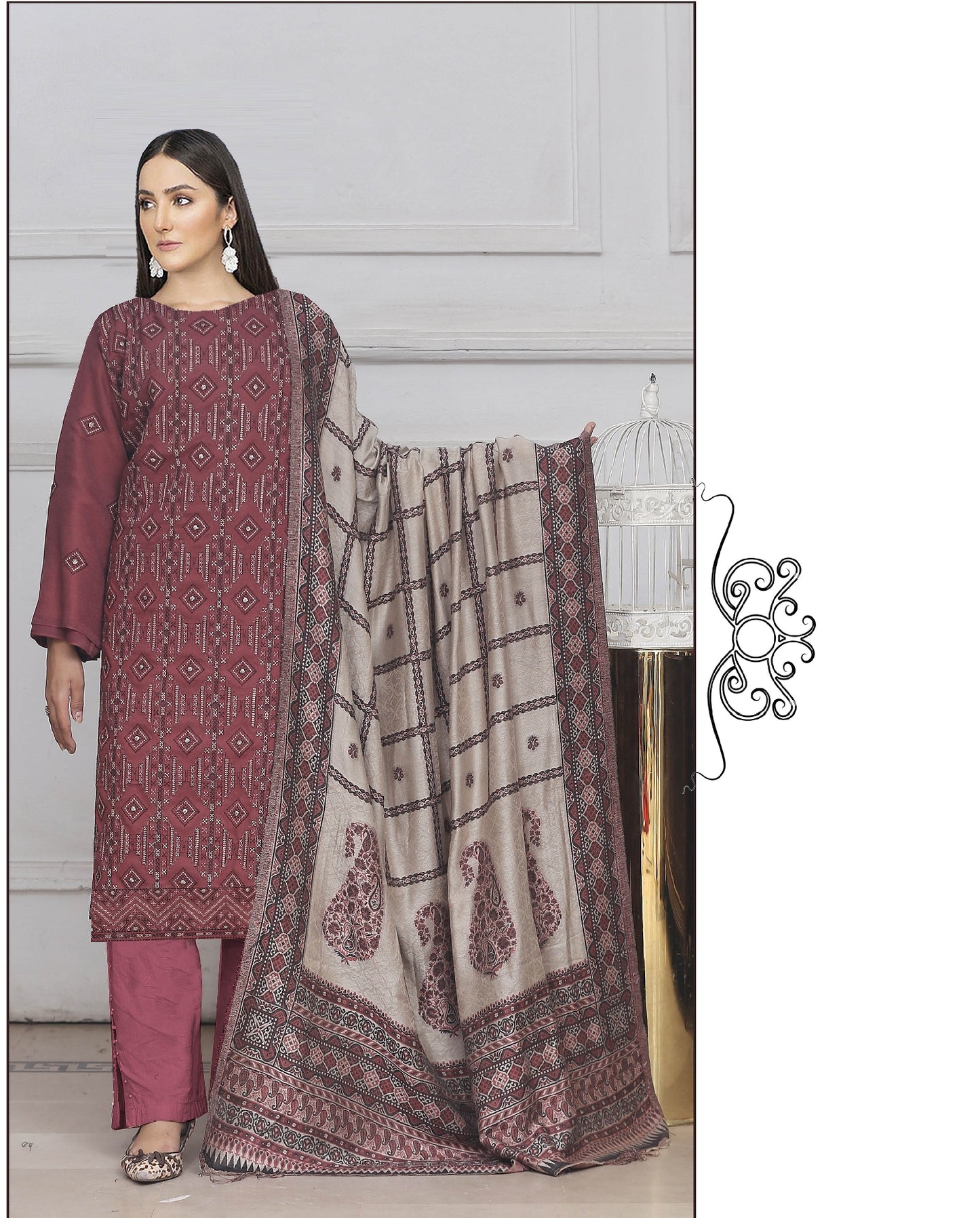 Embroidered Peach Leather With Swati Wool Shawl - Yousaf Cloth House