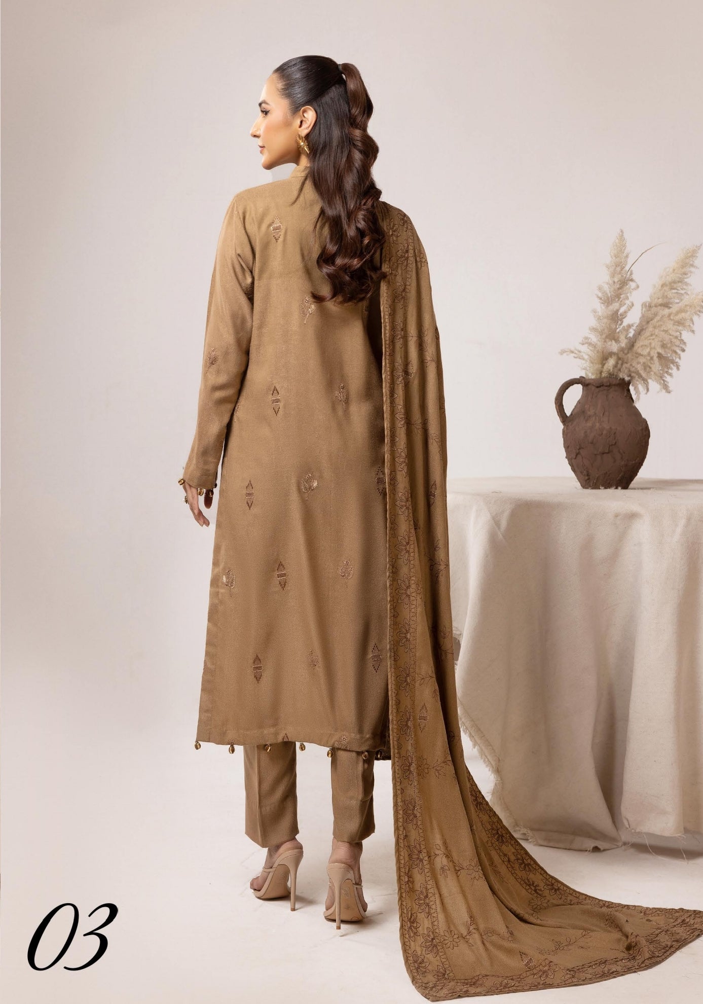 Embroidered Peach Leather With Wool Shawl - Yousaf Cloth House