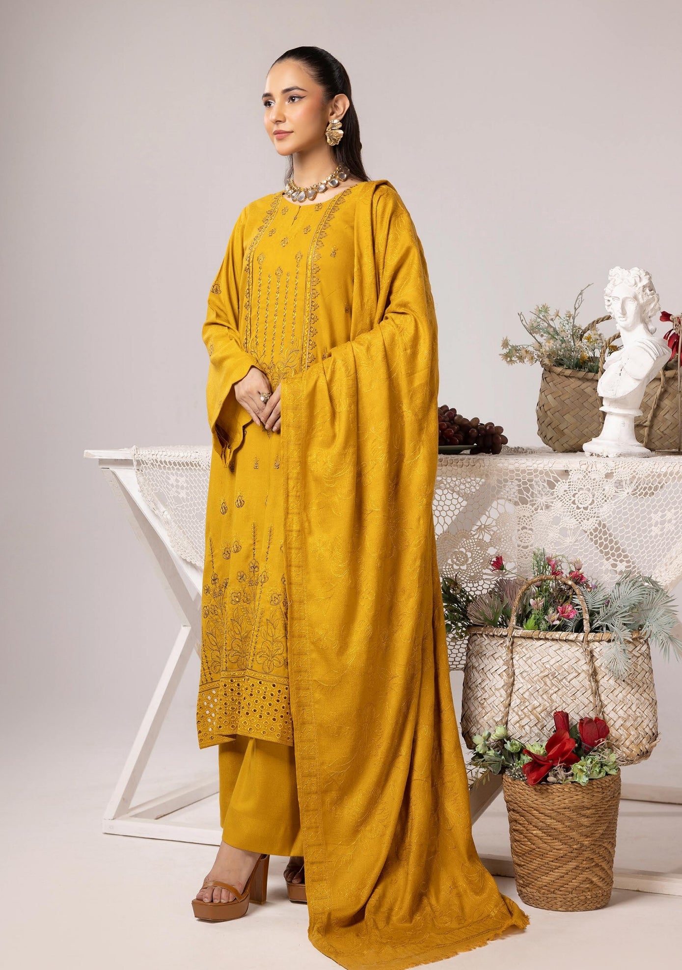 Embroidered Peach Leather With Wool Shawl - Yousaf Cloth House