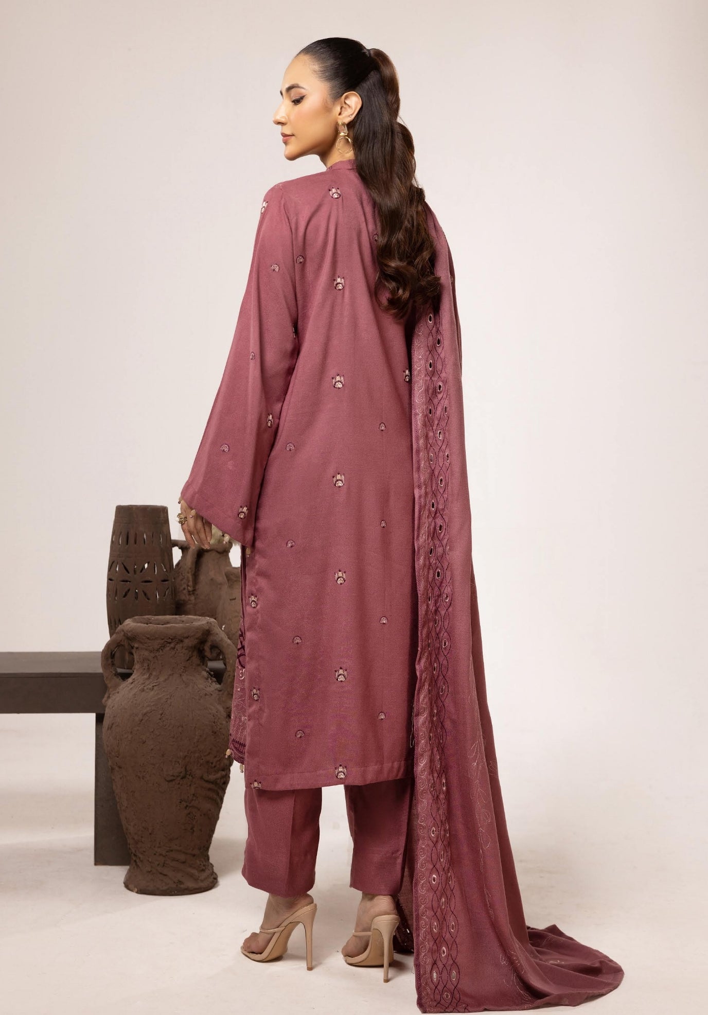 Embroidered Peach Leather With Wool Shawl - Yousaf Cloth House