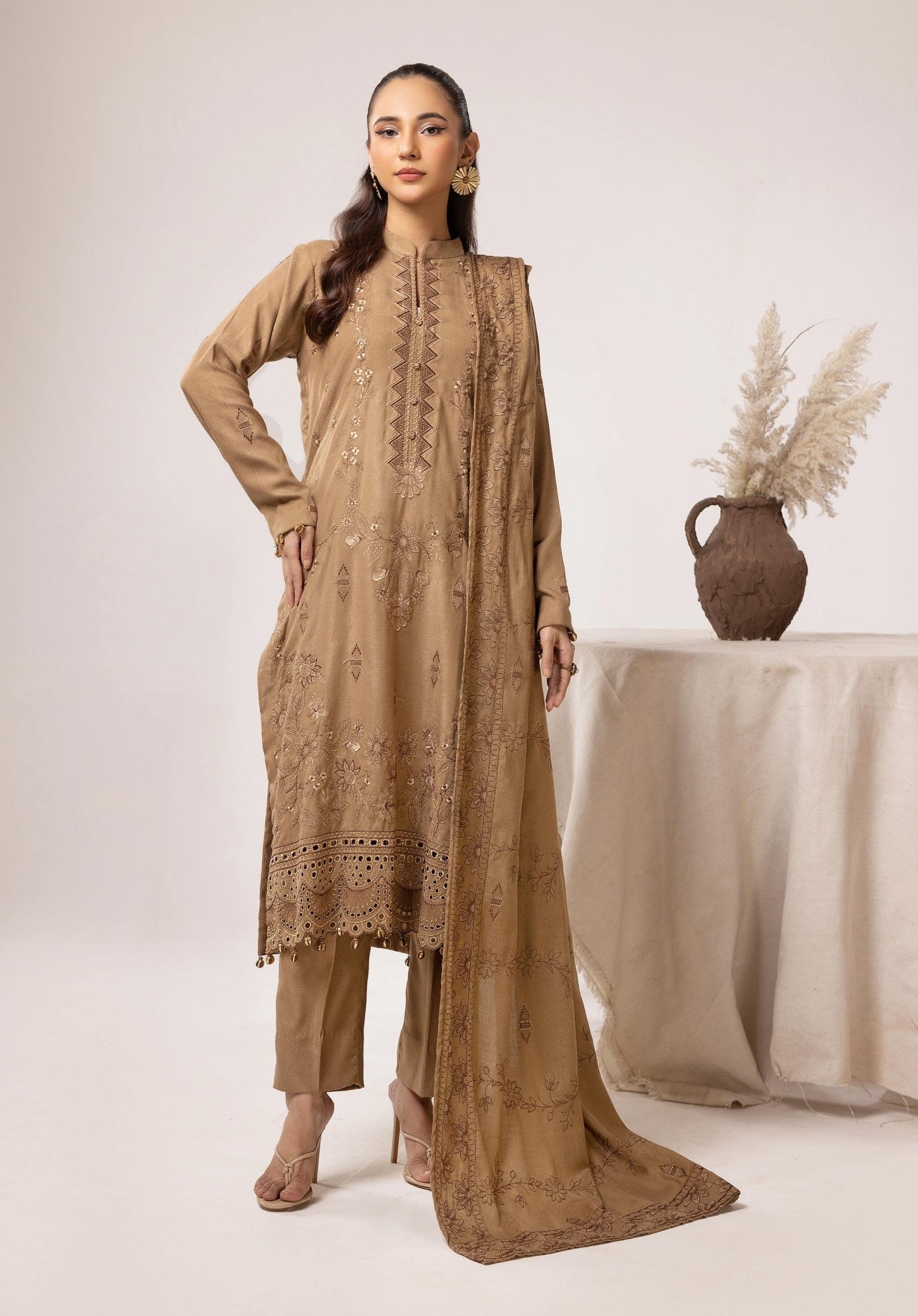 Embroidered Peach Leather With Wool Shawl - Yousaf Cloth House